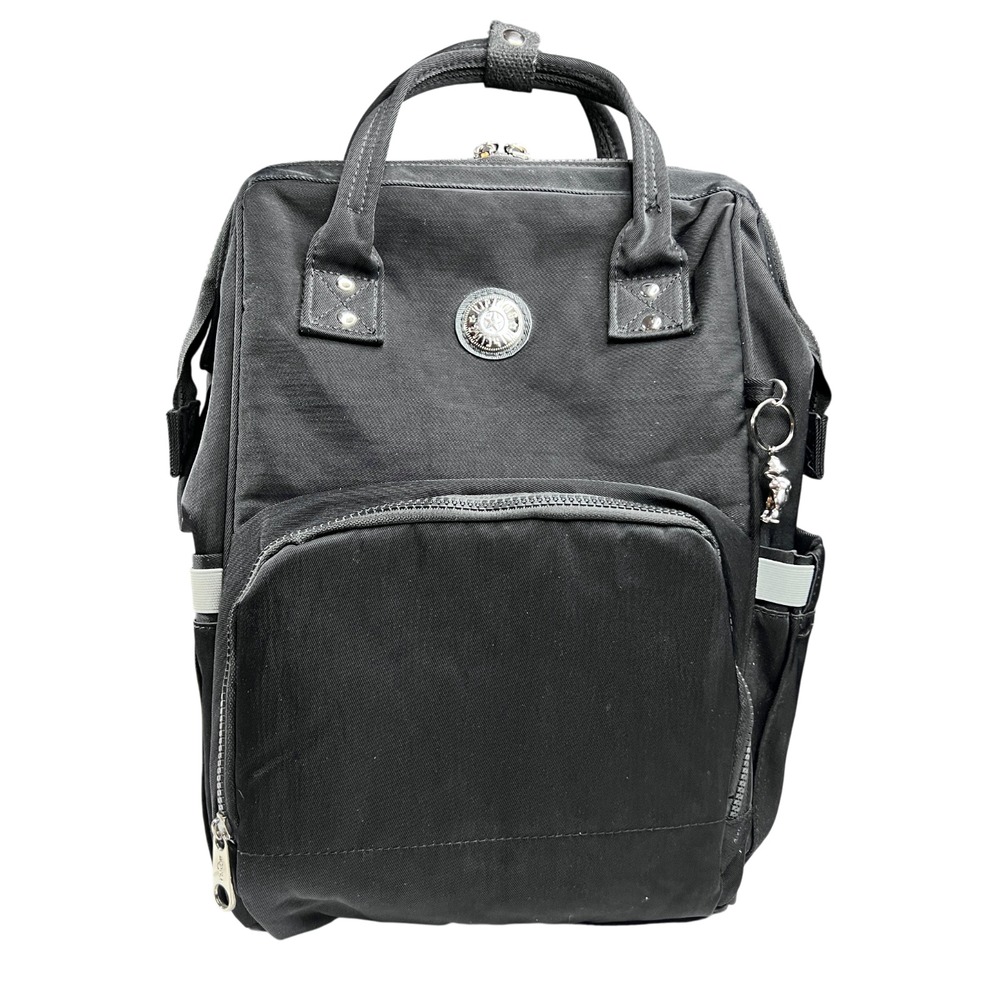 Kipling Audrie Black Nylon Diaper Bag Backpack Doctor Bag Opening w Monkey Charm